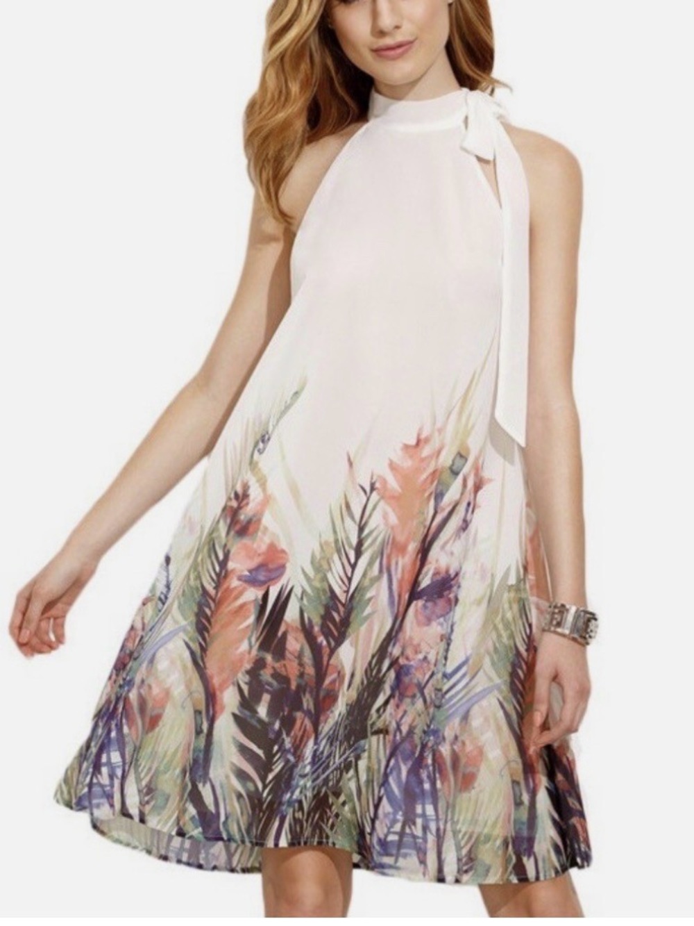 Ivory Halter Mini Dress with Botanical Print Hem